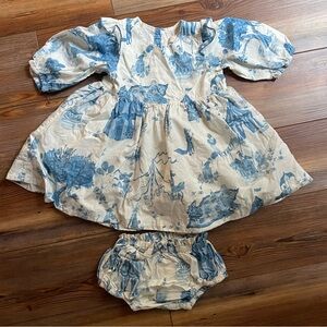 Pink Chicken Toile Blue and Cream Baby Dress with Bloomers